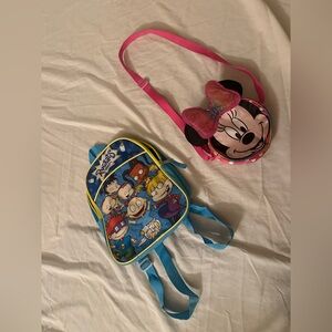 Disney Minnie Mouse Pink crossbody kids purse with blue Rugrats mini backpack